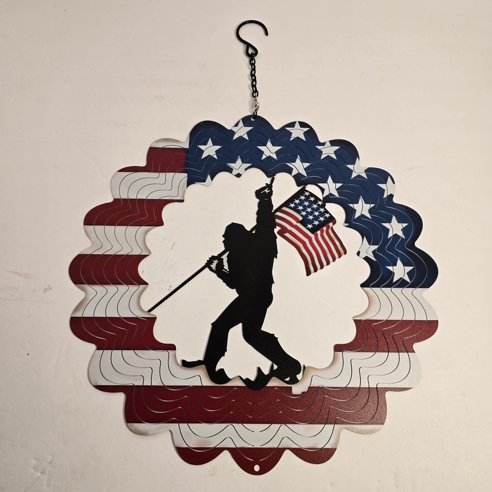 Bigfoot American Flag Wind‎ Spinner Metal Sasquatch 12 Inch Red White Blue
